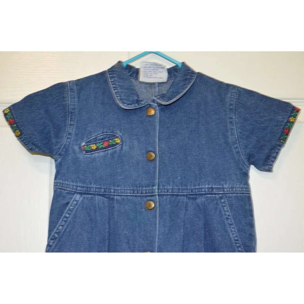 Vintage Pattiwack Blue Jean Denim Coverall Snap Legs Girls‎ Size 18M Flower Trim